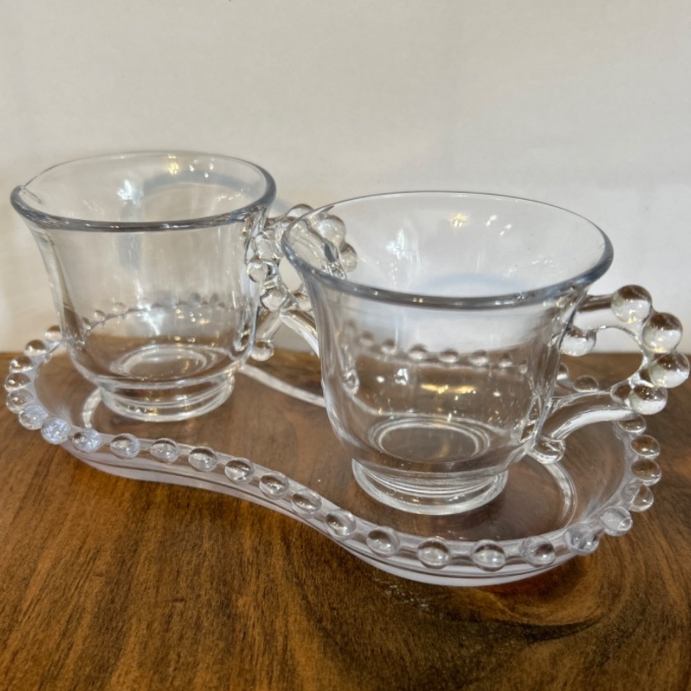 Vintage Imperial Clear Glass Candlewick Open Cream & Sugar Set On Glass Tray